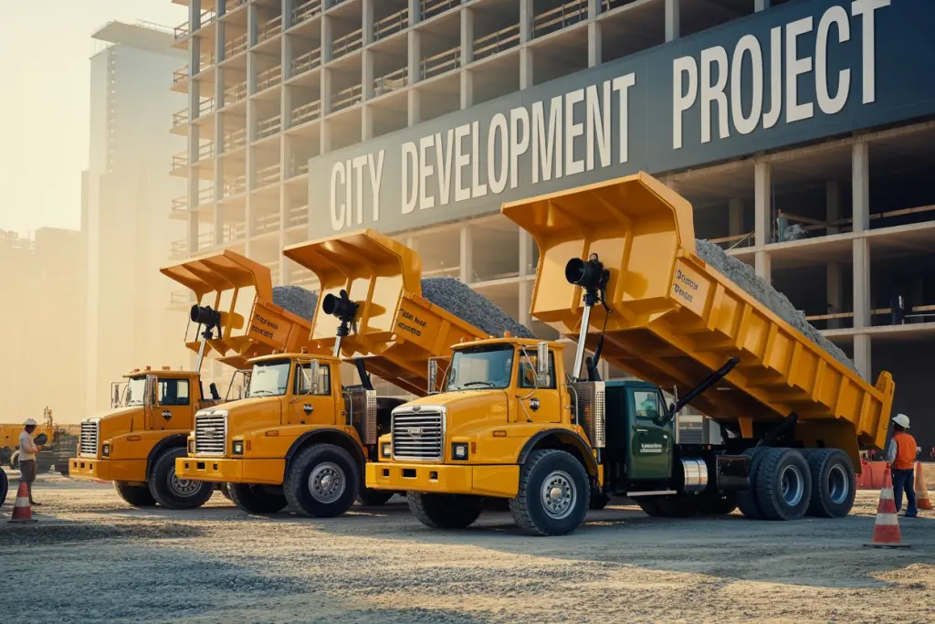 Dumptrucks, utility trucks, and heavy vehicles.